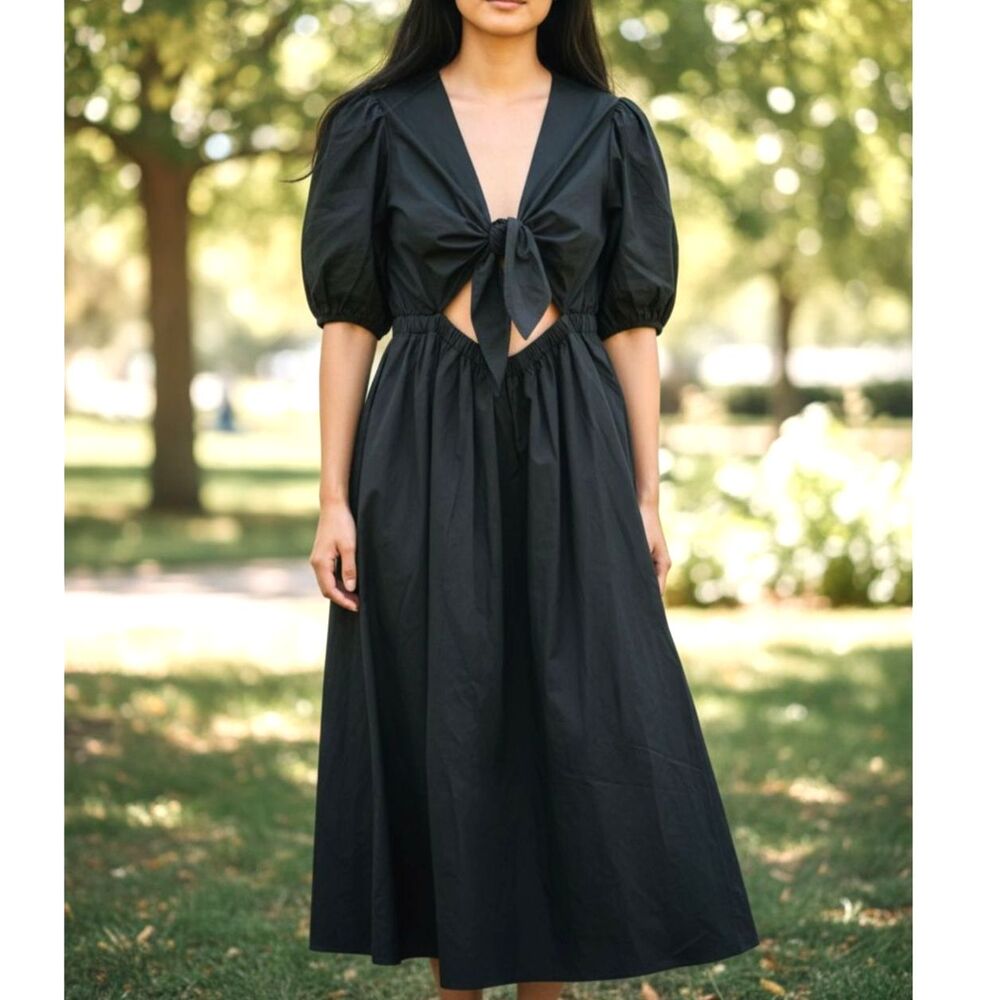 The Drop Prisha Black Cut‑Out Midi Dress Mod Goth Artsy Puff Sleeves Cotton NWT